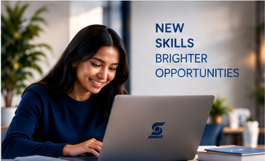 A person working on a laptop beside the words New skills, brighter opportunities