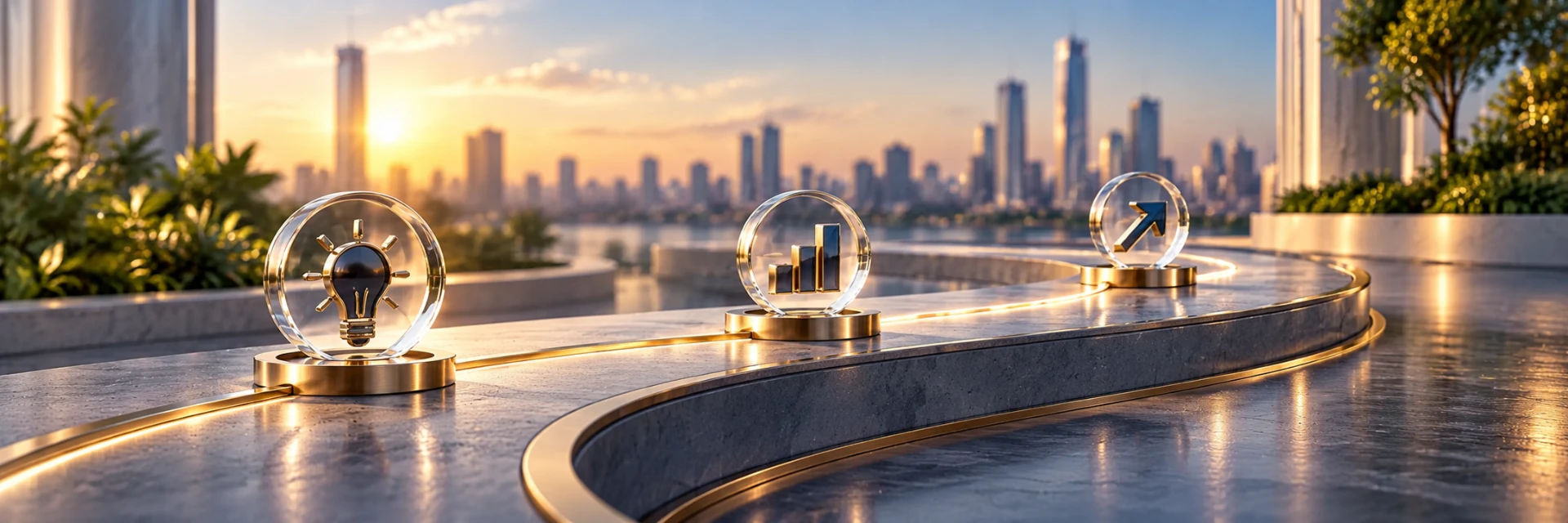 A curved golden path with three glass emblems — a lightbulb for ideas and learning, a rising chart for growth, and an upward arrow for forward progress — set against a city skyline at sunrise.