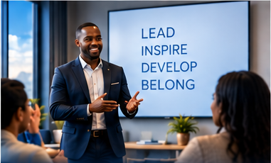 A leader presenting to a small group beside the words Lead, Inspire, Develop and Belong