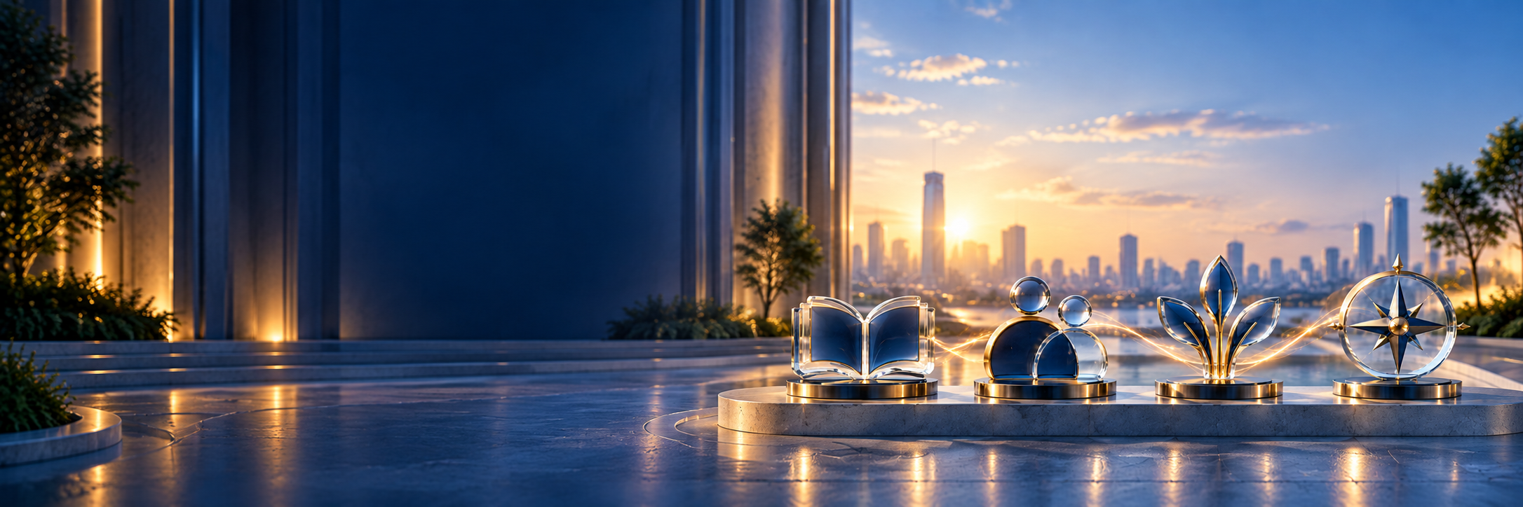 Glass and brass objects — an open book, two figures, a growing plant and a compass — lit on a stone platform against a city skyline at sunrise.